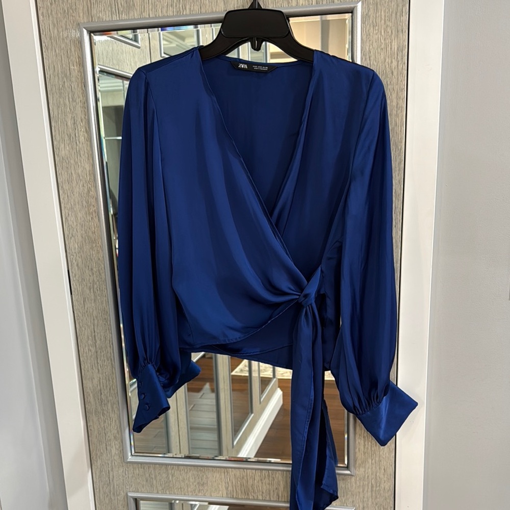 Zara Women's Navy Wrap Satin Blouse